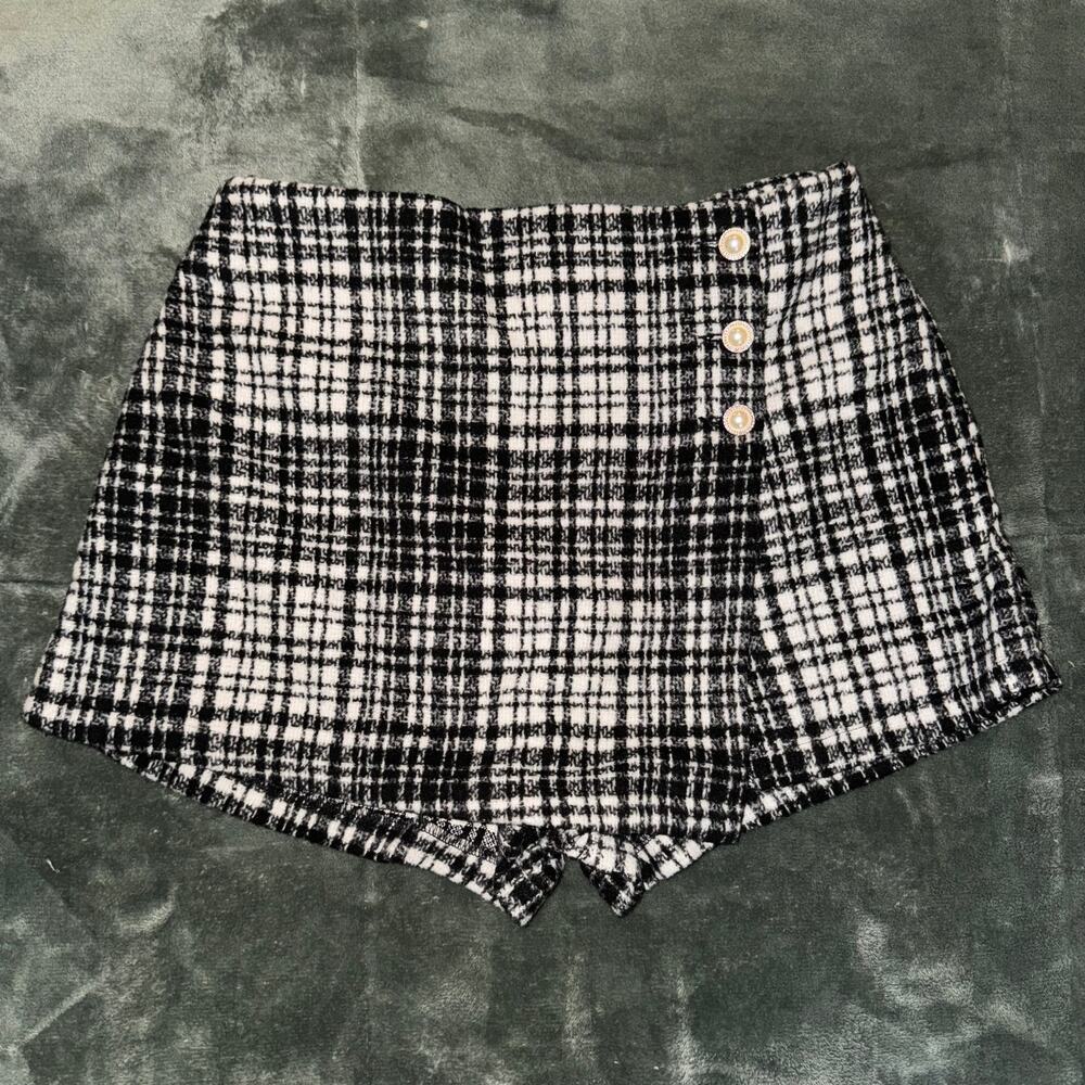Forever 21‎ Plaid Wrap Skort Black White Women's Size M Elastic High-Rise Waist